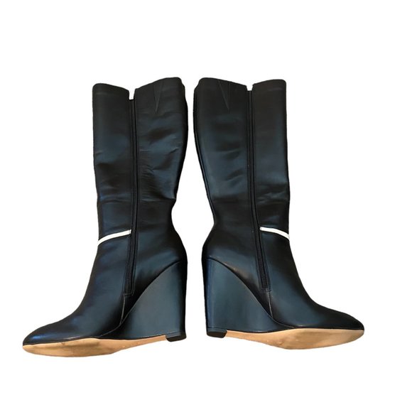 Calvin Klein Poloma Tall Black Wedge Boots w/ White Stripe Size 9 Women's - Picture 2 of 12